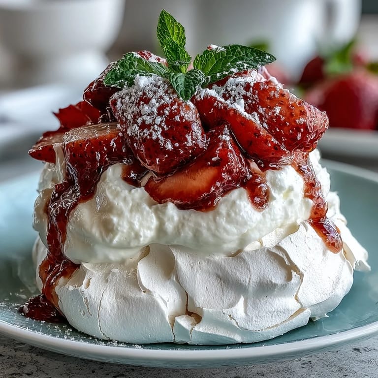 Delicate pavlova base crowned with fresh strawberries and a cloud of whipped cream.