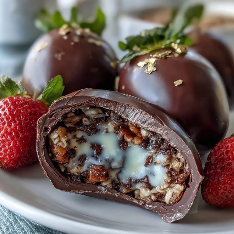 Luxurious Easter eggs with strawberry-chocolate shells and crunchy hazelnut filling, perfect for a gourmet spring celebration.