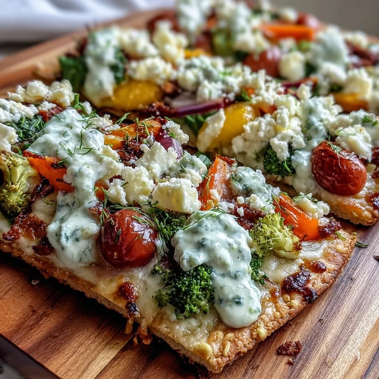 Festive St. Patrick's Day Rainbow Veggie Flatbread Pizza topped with crisp bell peppers, cherry tomatoes, and feta cheese.