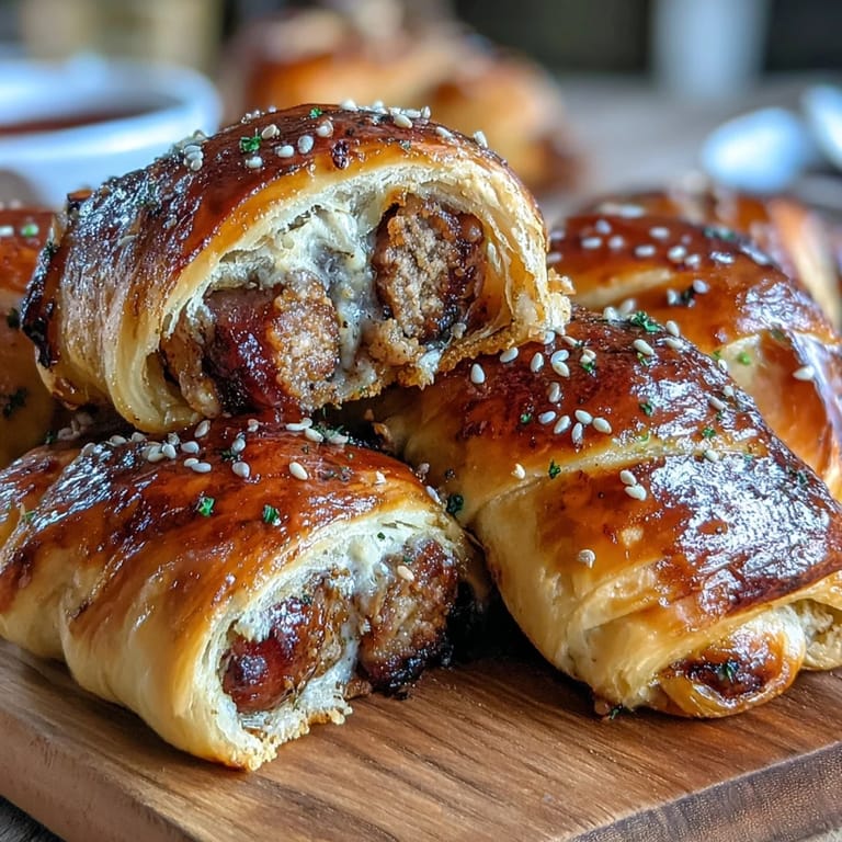 Mini pigs in a blanket with sesame-topped pastry and creamy mustard dip, perfect for game day or party platters.  