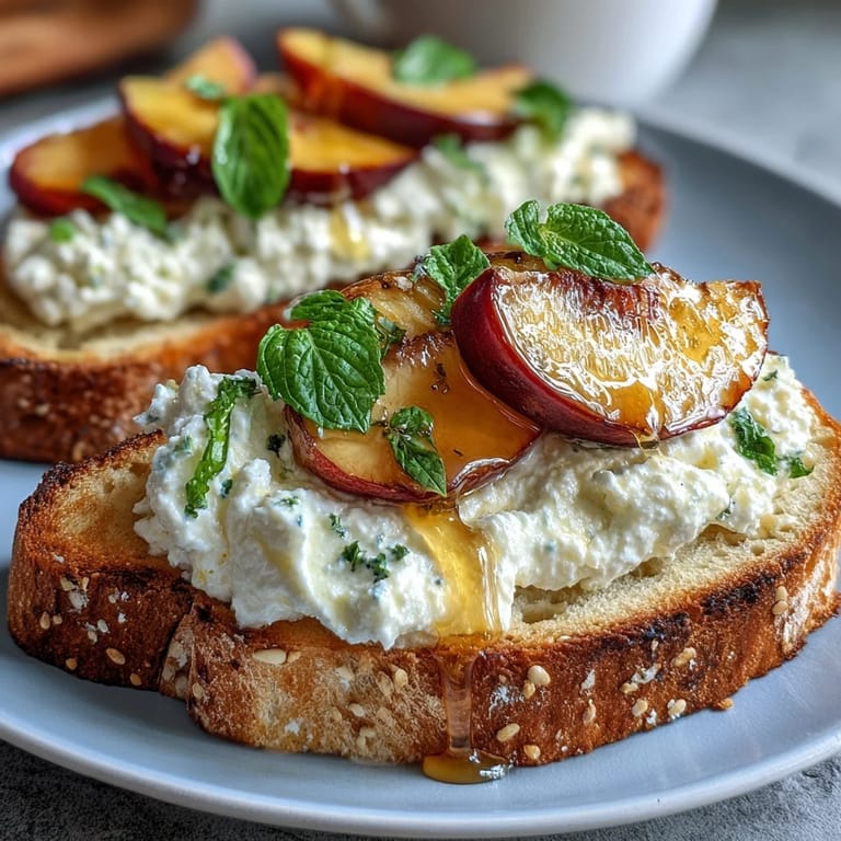 Creamy burrata and ripe peaches top rustic sourdough toast, finished with honey, olive oil, and fresh basil leaves.