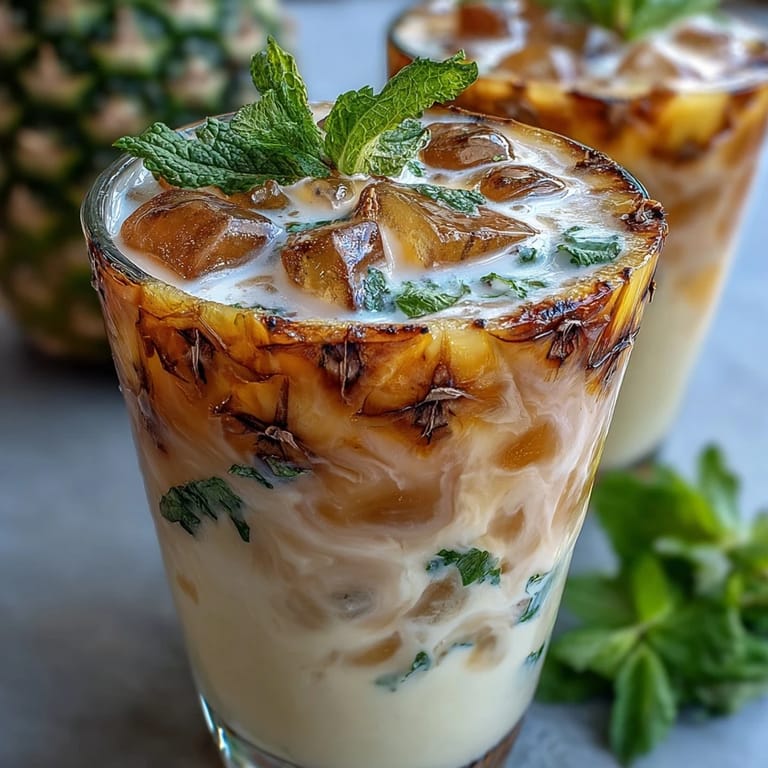 Chilled Pineapple Coconut Agua Fresca served over ice with fresh mint and pineapple garnish.