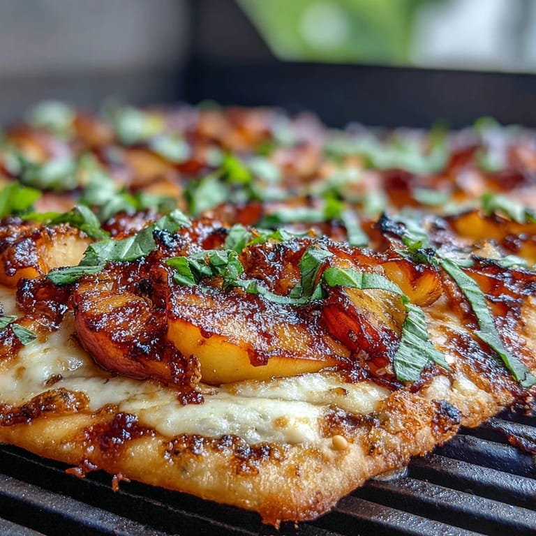 Sweet peaches and creamy Brie cheese melt together on a crispy flatbread with tangy BBQ sauce.