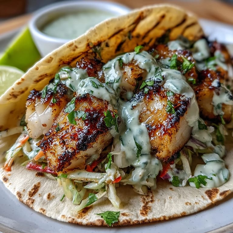 Zesty coconut milk-marinated fish tacos topped with crunchy slaw, perfect for a light summer meal.  