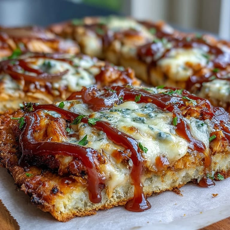 Smoky BBQ chicken flatbread pizza loaded with melted mozzarella, red onions, and colorful bell peppers for a crowd-pleasing meal.  
