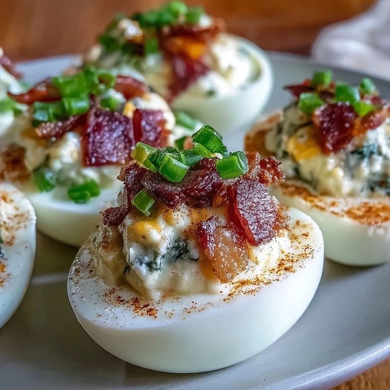 Creamy deviled eggs filled with tangy cream cheese, smoky bacon, and jalapeño, topped with chives for a zesty party bite.