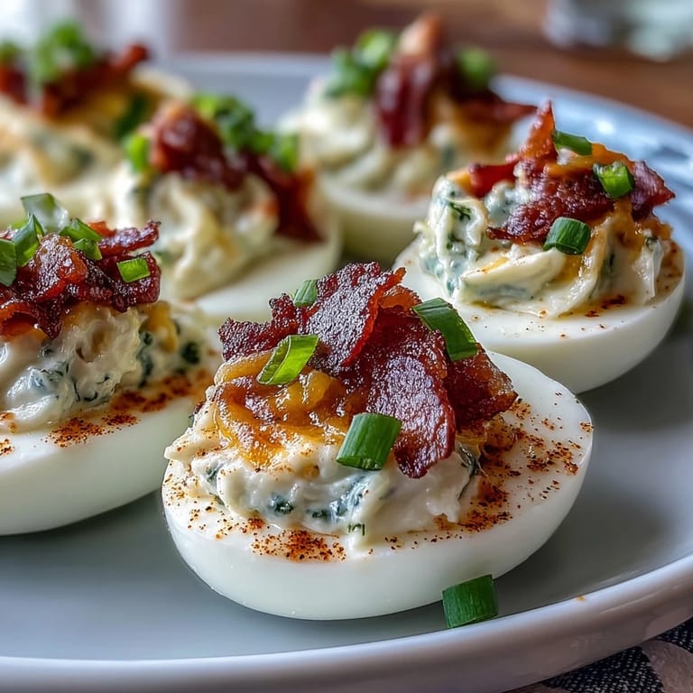 Classic deviled eggs get a spicy upgrade with jalapeño popper flavors, featuring cream cheese, bacon, and cheddar for a crowd-pleasing snack.