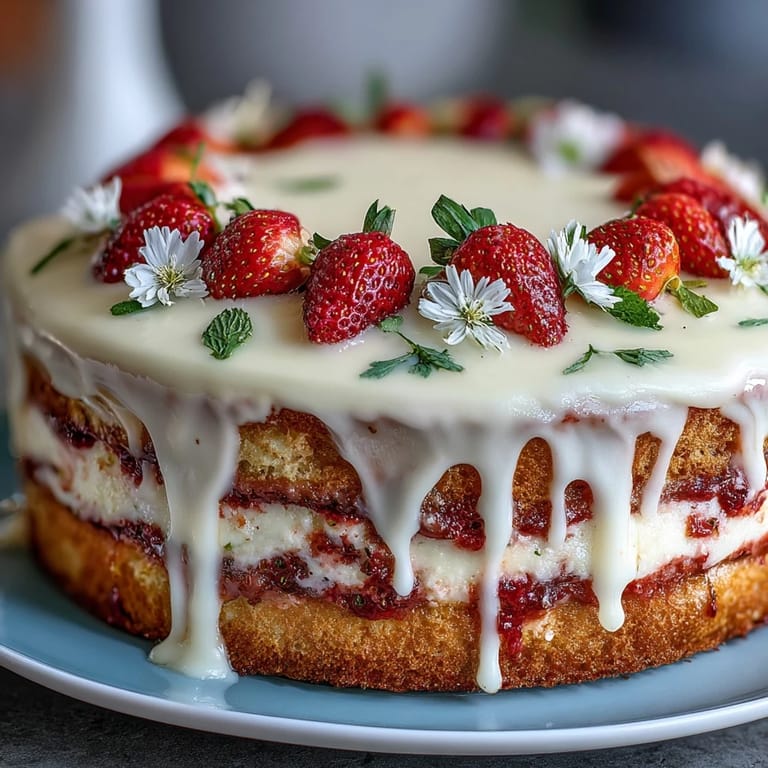 Stunning floral drip cake with strawberry buttercream and white chocolate glaze, crowned with fresh edible blooms.