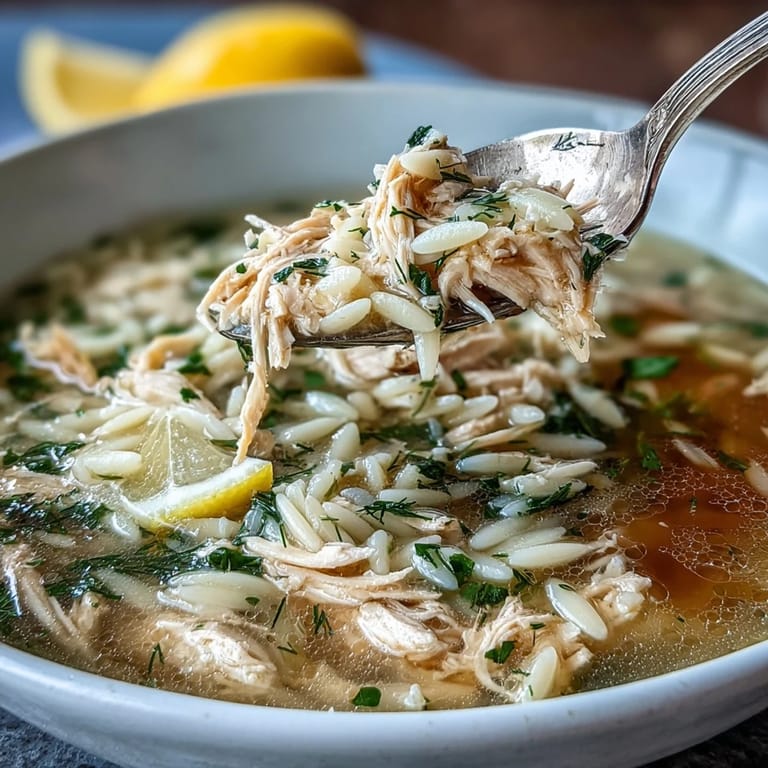 Bright and comforting Greek Lemon Chicken Soup with shredded chicken, orzo, and a tangy lemon-egg avgolemono finish.  