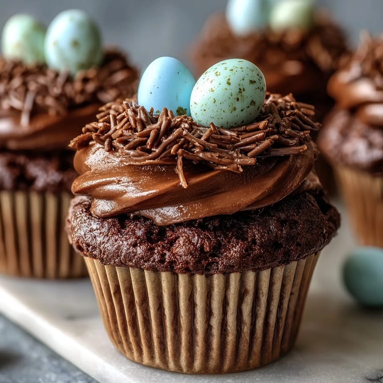 Decadent Easter Nest Cupcakes topped with chocolate buttercream and mini candy eggs, perfect for spring celebrations.