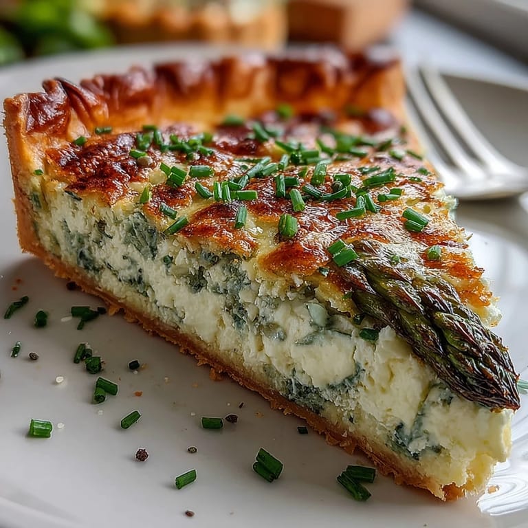 Savory asparagus ricotta tart featuring a flaky crust, zesty lemon ricotta, and vibrant seasonal vegetables.