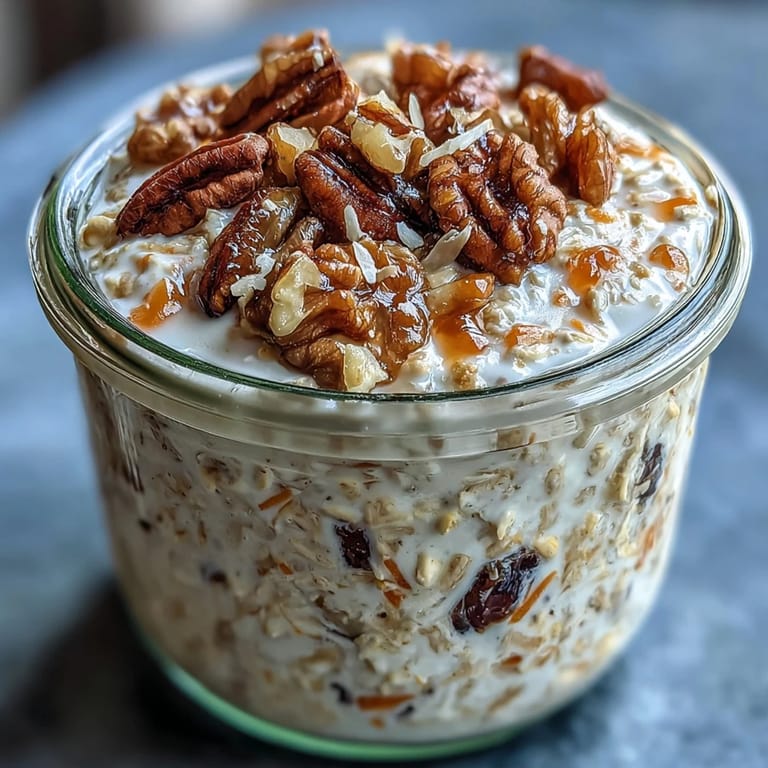 A jar of carrot cake overnight oats layered with rolled oats, Greek yogurt, and warm spices, garnished with chopped walnuts and raisins.