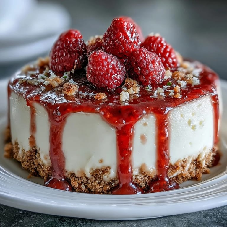Gooey Mother's Day No-Bake Cheesecake with a buttery crust and bright berry sauce.