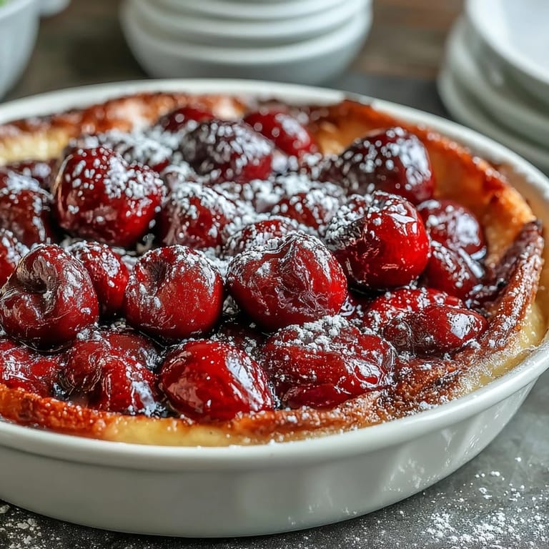 Delicate Fresh Cherry Clafoutis, dusted with sugar, perfect for dessert.