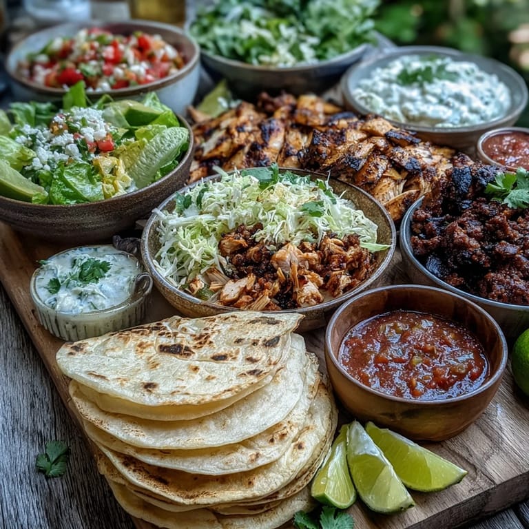 Delicious DIY Taco Bar spreads out with hot grilled meats and fresh fixings.