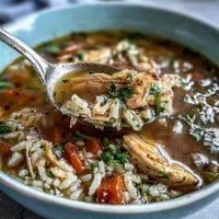 A steaming bowl of healthy chicken and rice soup with tender chicken, vegetables, and hearty rice in a savory broth.  