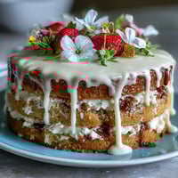 Floral drip cake with strawberry frosting, featuring edible pansies and fresh berries, perfect for spring celebrations.