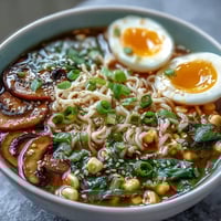 Warm bowl of homemade miso ramen with rich broth, soft-boiled egg, mushrooms, and fresh green onions.