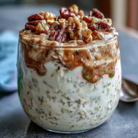 Creamy carrot cake overnight oats with grated carrots, cinnamon, and walnuts in a jar, topped with shredded coconut and maple syrup.