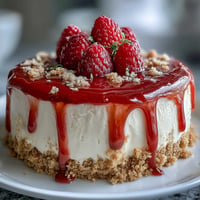 Creamy Mother's Day No-Bake Cheesecake topped with vibrant, homemade raspberry coulis.